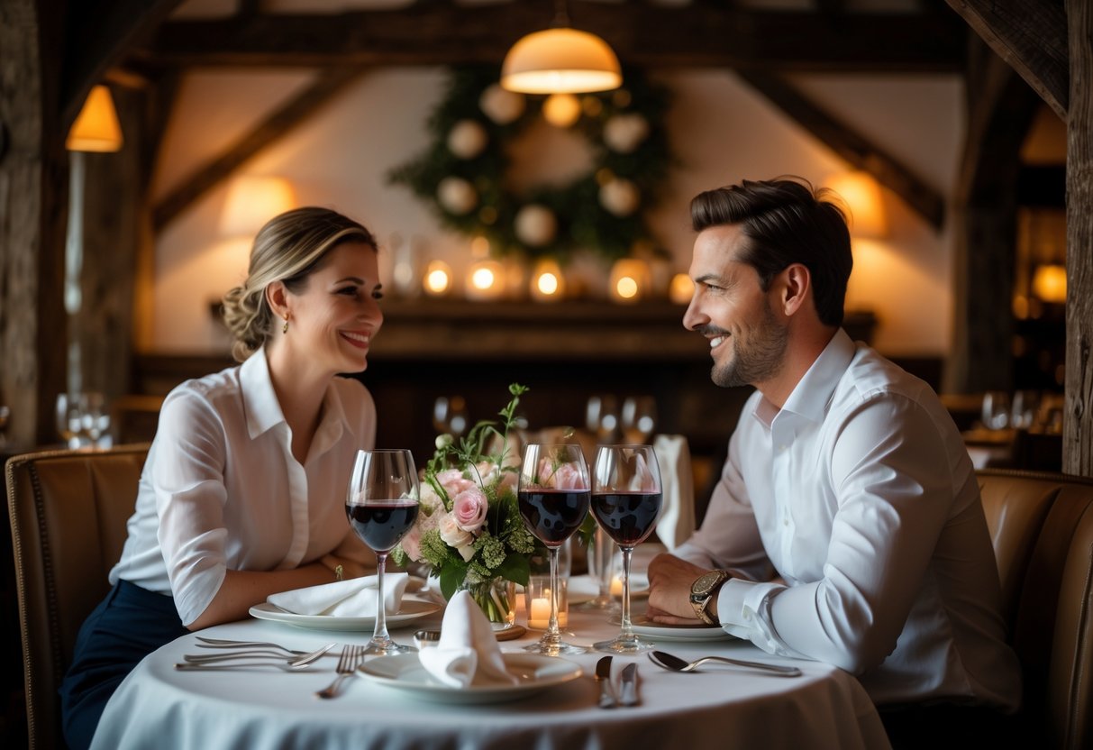 A couple enjoying a romantic dinner at a cozy restaurant with a beautifully set table and warm lighting.