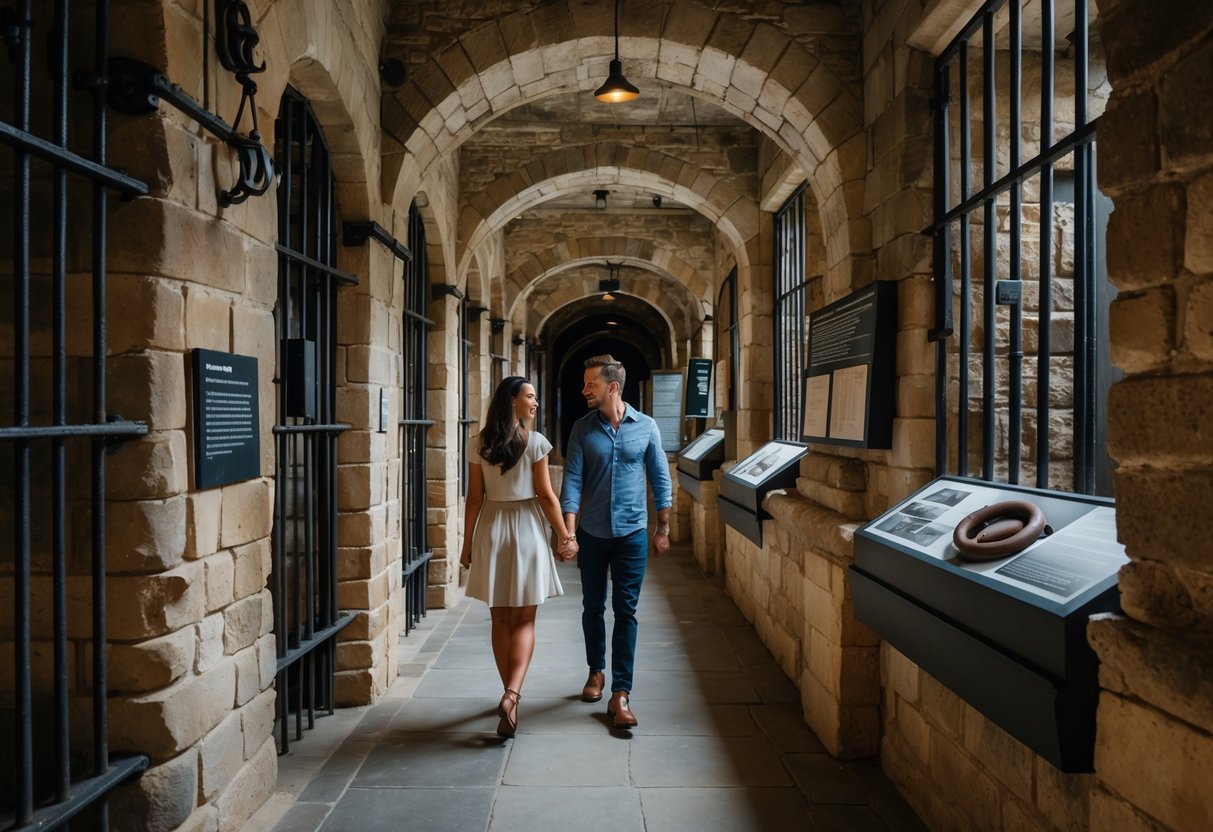 A couple walking through an old prison corridor inside the Geelong Gaol Museum, surrounded by stone walls and iron bars.