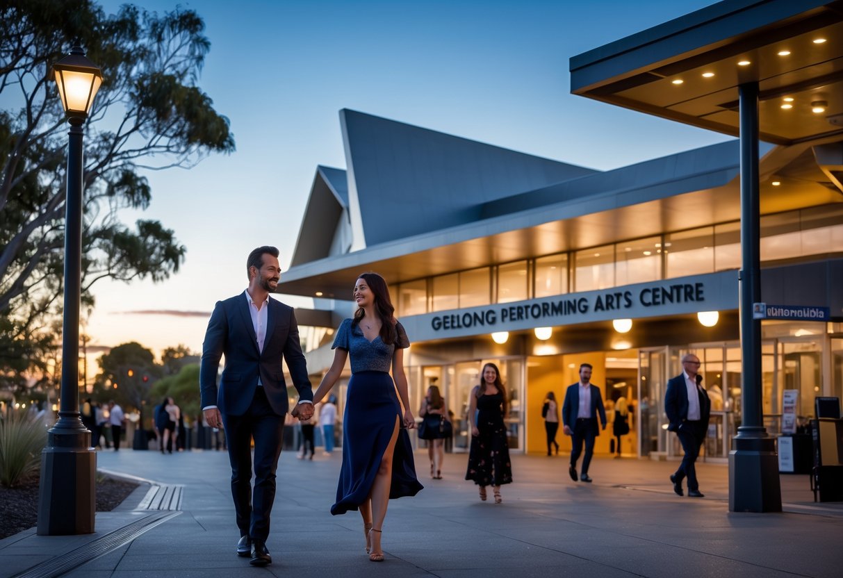 A couple walking hand in hand outside the Geelong Performing Arts Centre in the early evening.