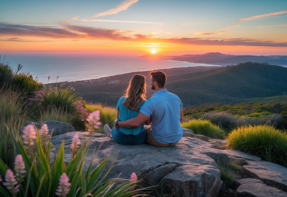 A couple sitting on rocks watching the sunset over hills and coastline from Mt Doran.