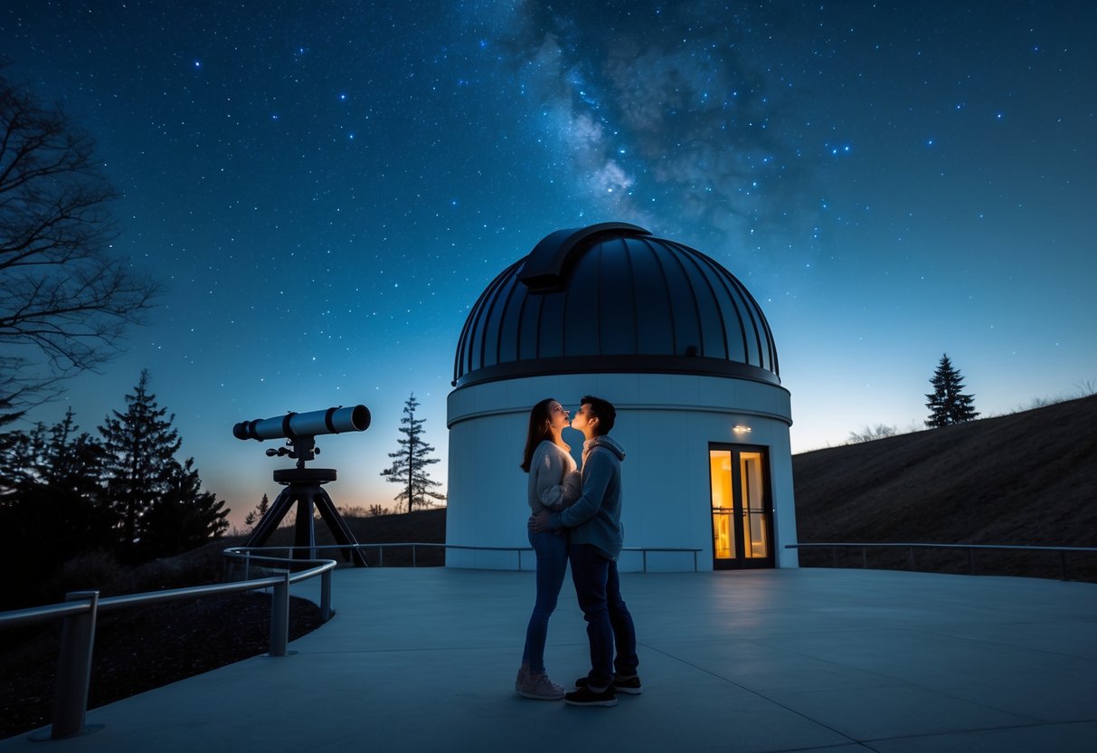 A young couple stargazing together near an observatory under a starry night sky.
