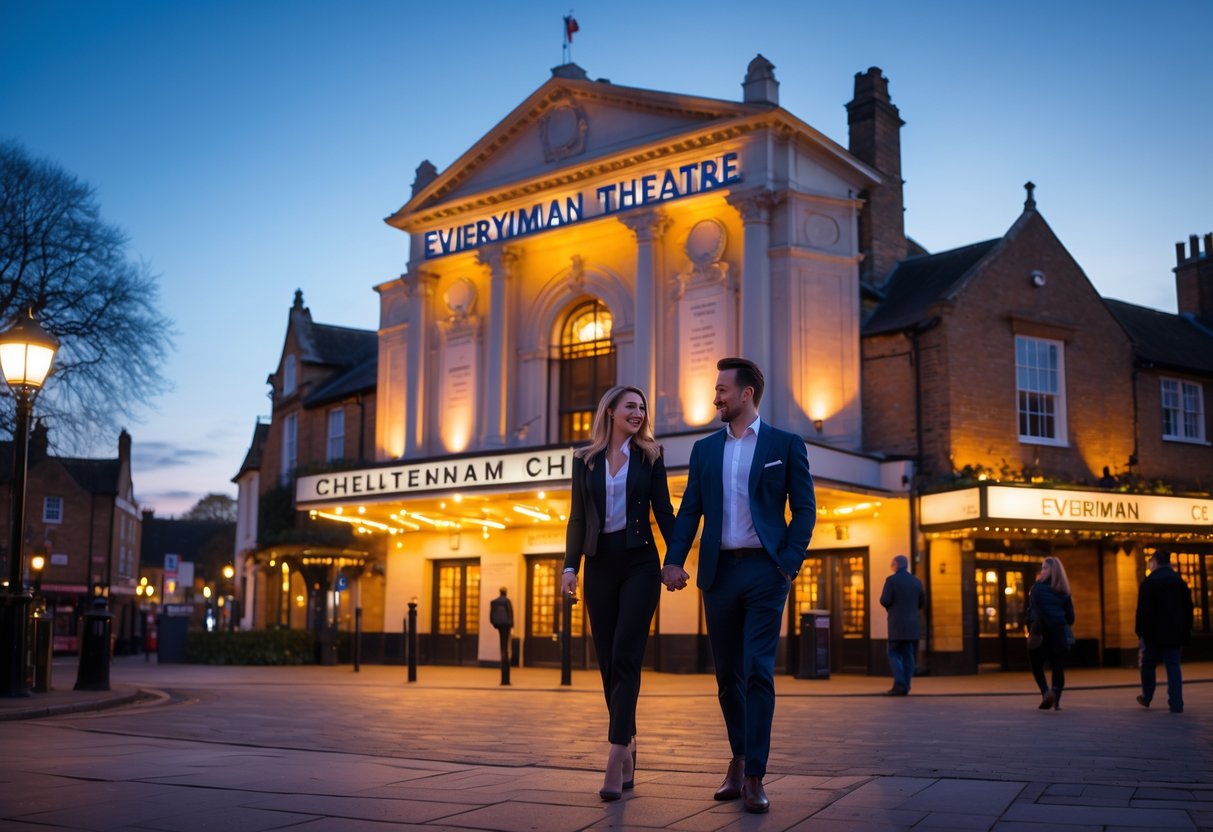A couple holding hands and walking towards the illuminated Everyman Theatre in Cheltenham during the evening.
