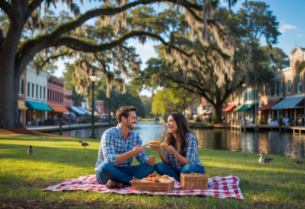 A young couple having a picnic in a green park with oak trees and Spanish moss, near a lake and historic downtown street in Valdosta, Georgia.
