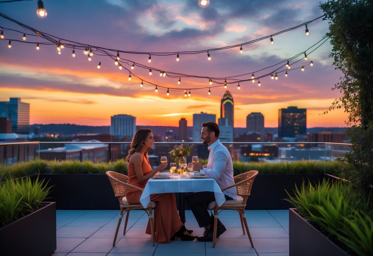 A couple enjoying a romantic dinner on a rooftop with city skyline views at sunset.
