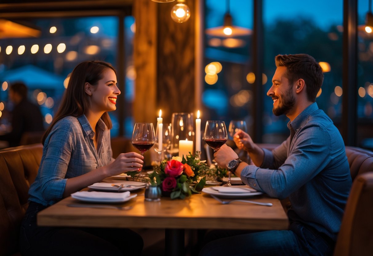 A young couple enjoying a romantic dinner at a warmly lit restaurant table with candles and flowers.