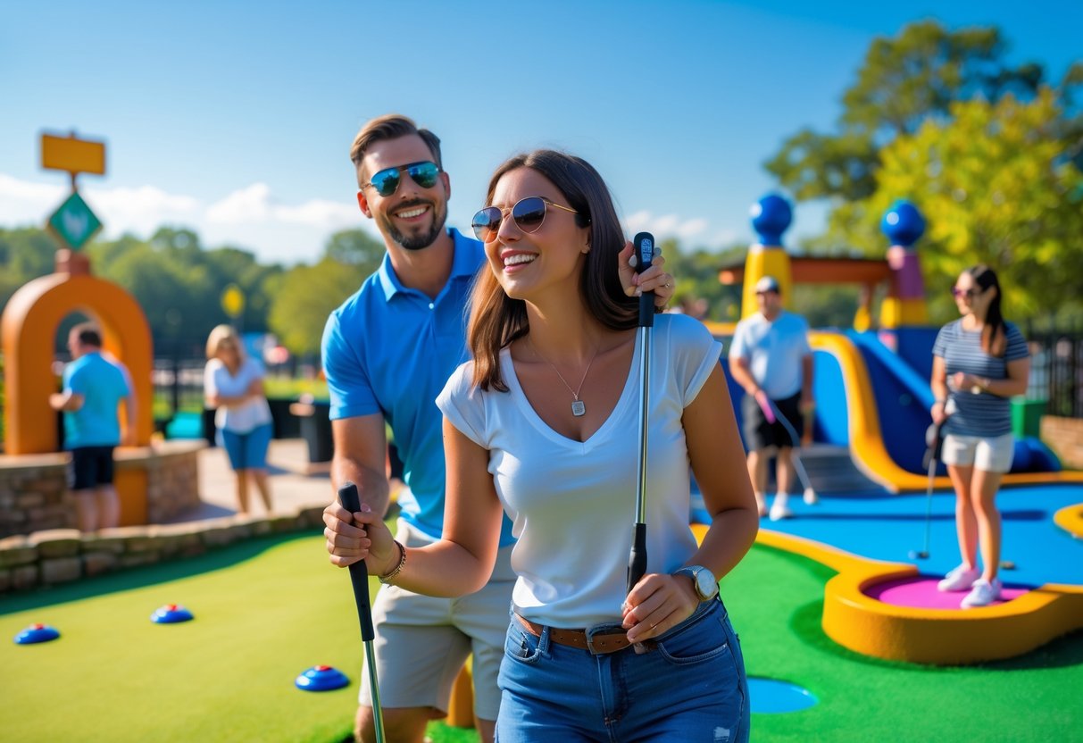 A couple playing miniature golf together outdoors on a sunny day, smiling and having fun.