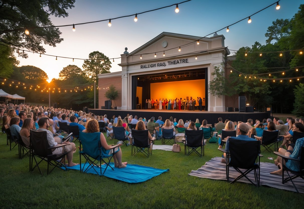 Couples and friends enjoying an outdoor live show at Raleigh Road Theatre in Greenville, seated on grass with string lights overhead during sunset.