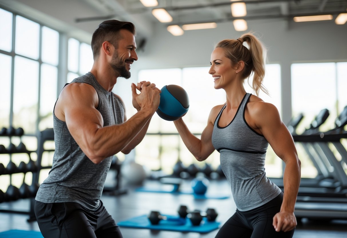 A couple exercising together in a bright gym, smiling and doing partner workouts.