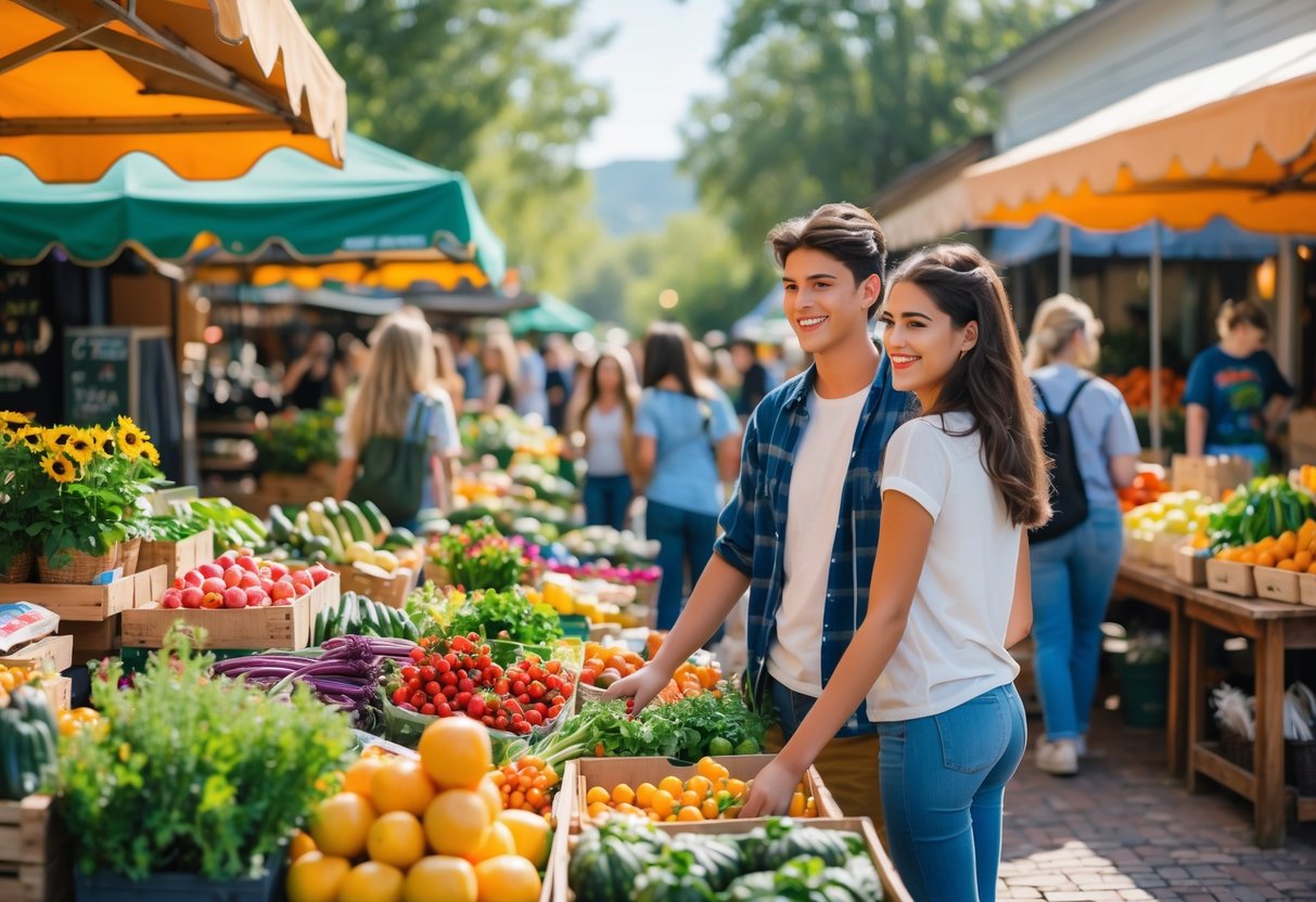 Teenage couple smiling and exploring a busy outdoor farmers market with fresh produce and vendors.