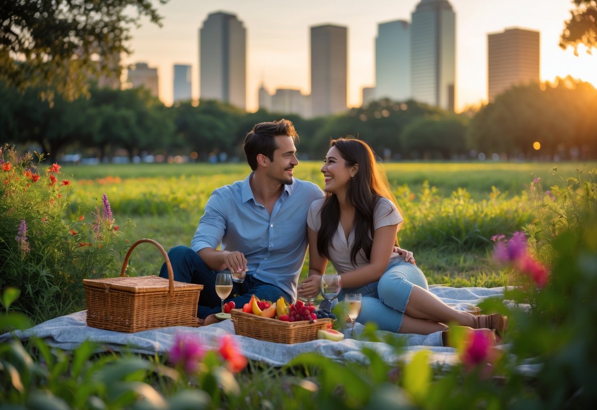 A couple having a picnic together outdoors with the Houston skyline in the background.