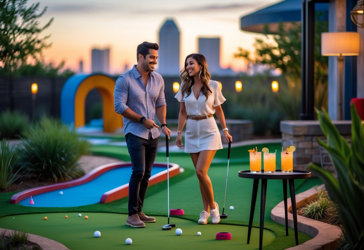 A young couple playing mini golf outdoors with cocktails on a nearby table, enjoying a fun date at Houston Mini Golf.