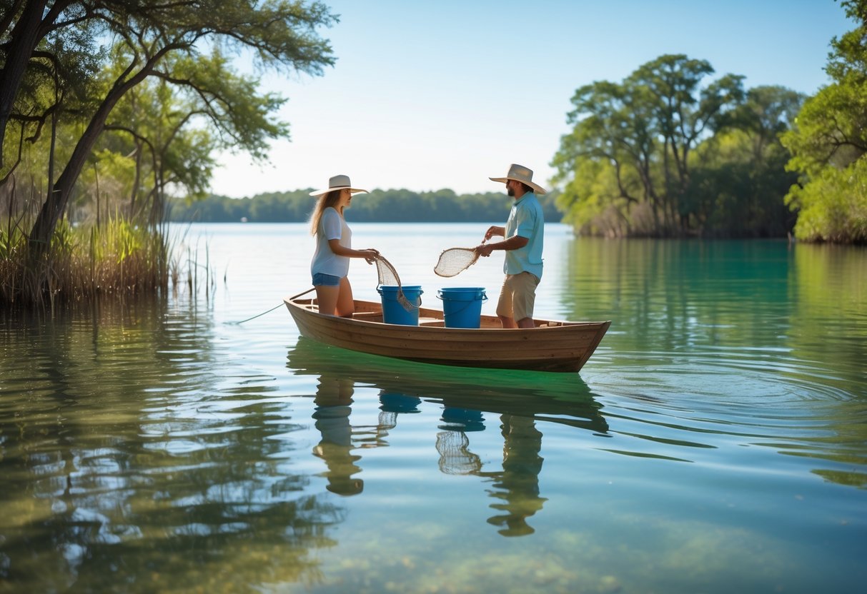 Two people shrimping from a small boat on a clear lake surrounded by trees under a sunny sky.