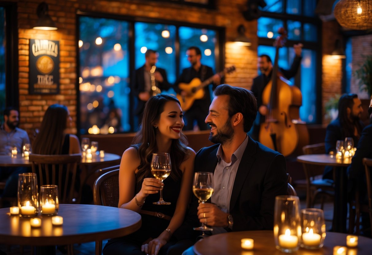 Couples enjoying a live jazz or acoustic music show in a cozy venue with warm lighting.