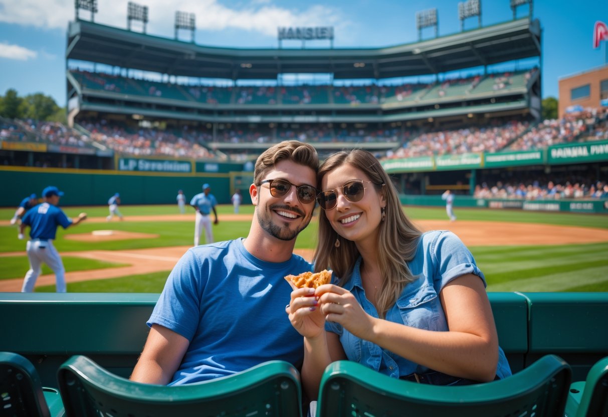 A couple enjoying a baseball game together at L.P. Frans Stadium with fans and players visible in the background.