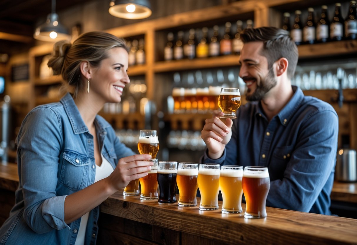 A couple tasting local beers together at a brewery bar with wooden shelves and warm lighting.
