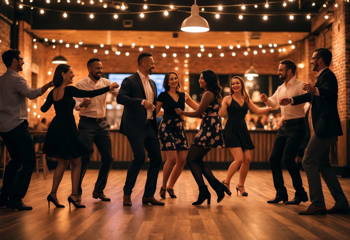 Couples and friends dancing and enjoying a lively night at a dance venue with warm lighting and a wooden floor.