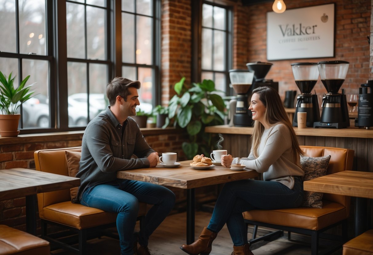 A young couple enjoying coffee together at a small table inside a cozy coffee shop.