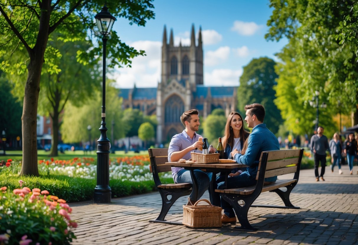A young couple sitting on a bench in a green park near Leicester Cathedral, enjoying a picnic on a sunny day.