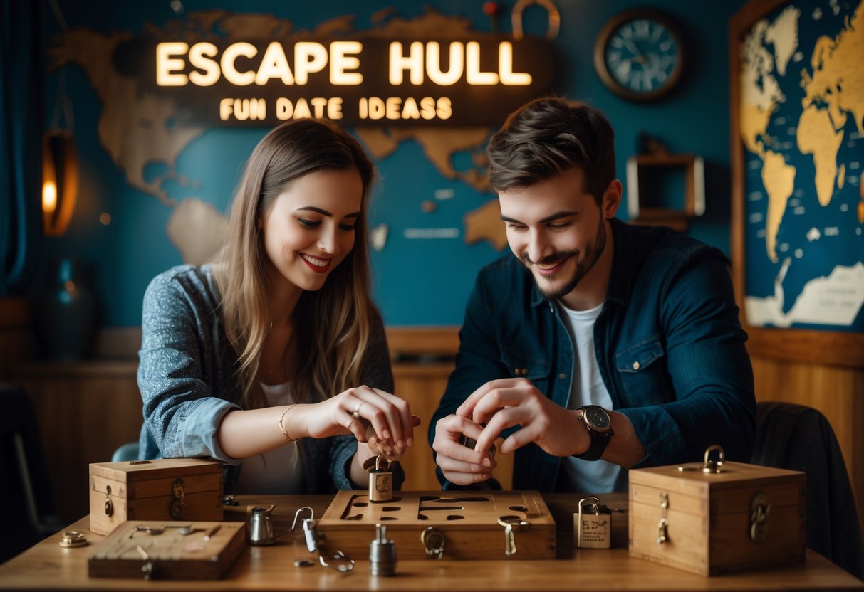 A young couple working together to solve puzzles at an escape room table surrounded by clues and locks.