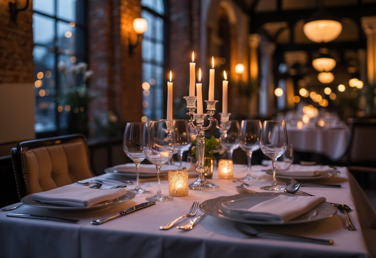 A candlelit dinner table set for two with white tablecloth, candles, wine glasses, and elegant decor in a cozy restaurant interior.