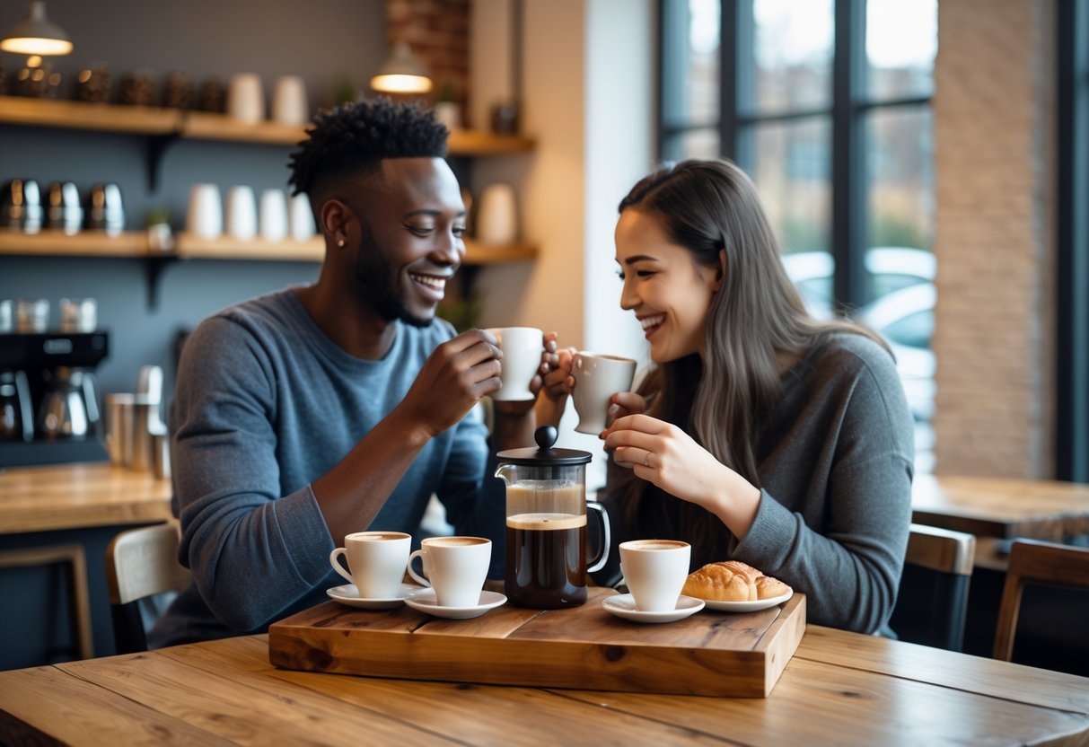 A young couple enjoying a coffee tasting experience at a cozy coffee shop with wooden tables and coffee cups on the table.