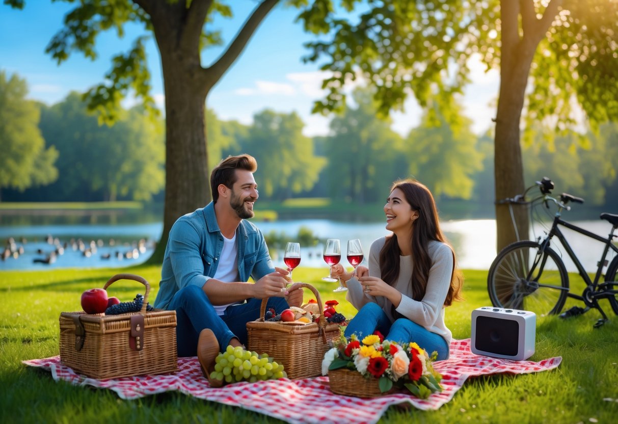 A young couple having a picnic on a blanket in a sunny park near a lake with trees and a bicycle nearby.