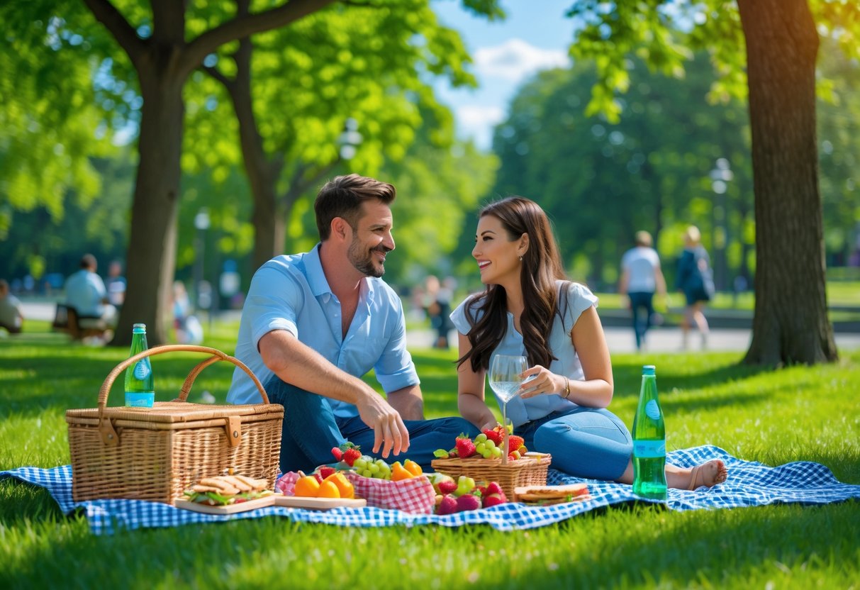 A couple sitting on a picnic blanket in a green park, enjoying food and each other's company on a sunny day.