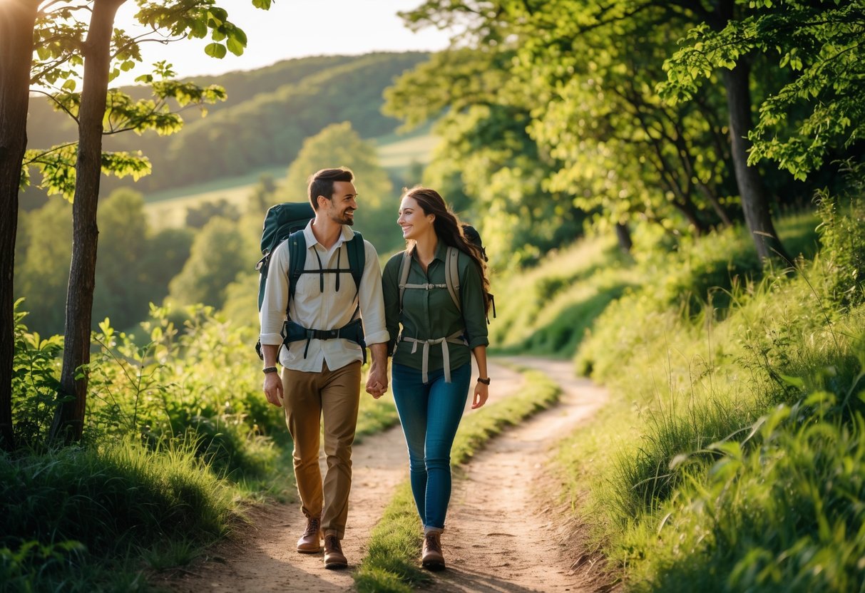 A young couple hiking together on a forest trail surrounded by green trees and sunlight.