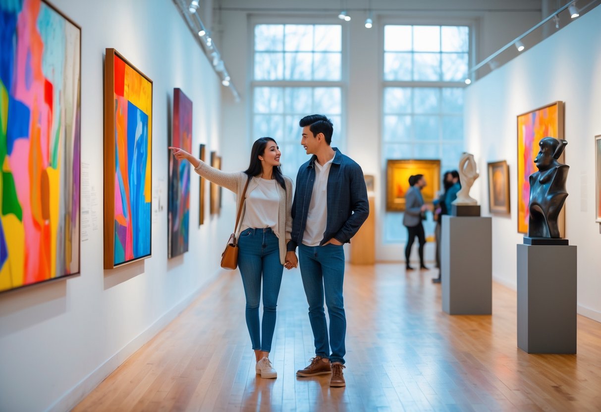 A young couple looking at paintings and sculptures inside an art gallery during a weekend visit.