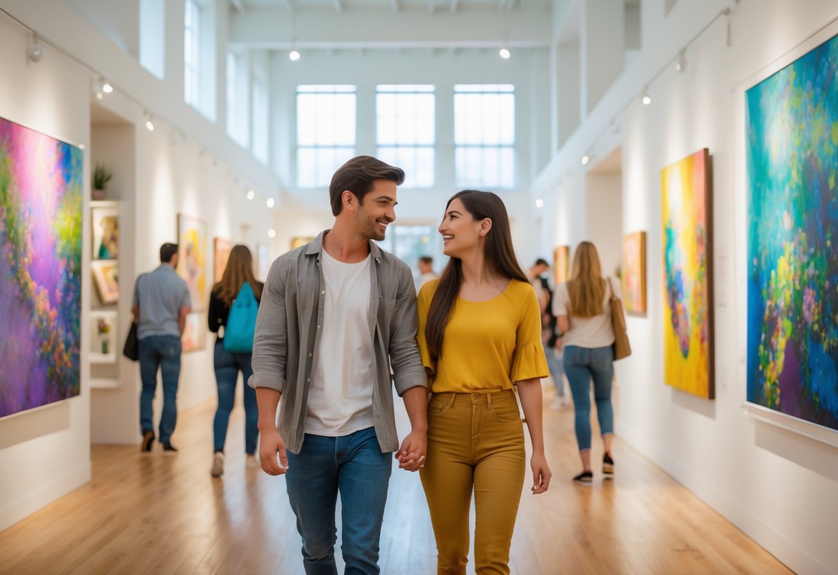 A young couple walking hand in hand through an art gallery, looking at paintings and sculptures.