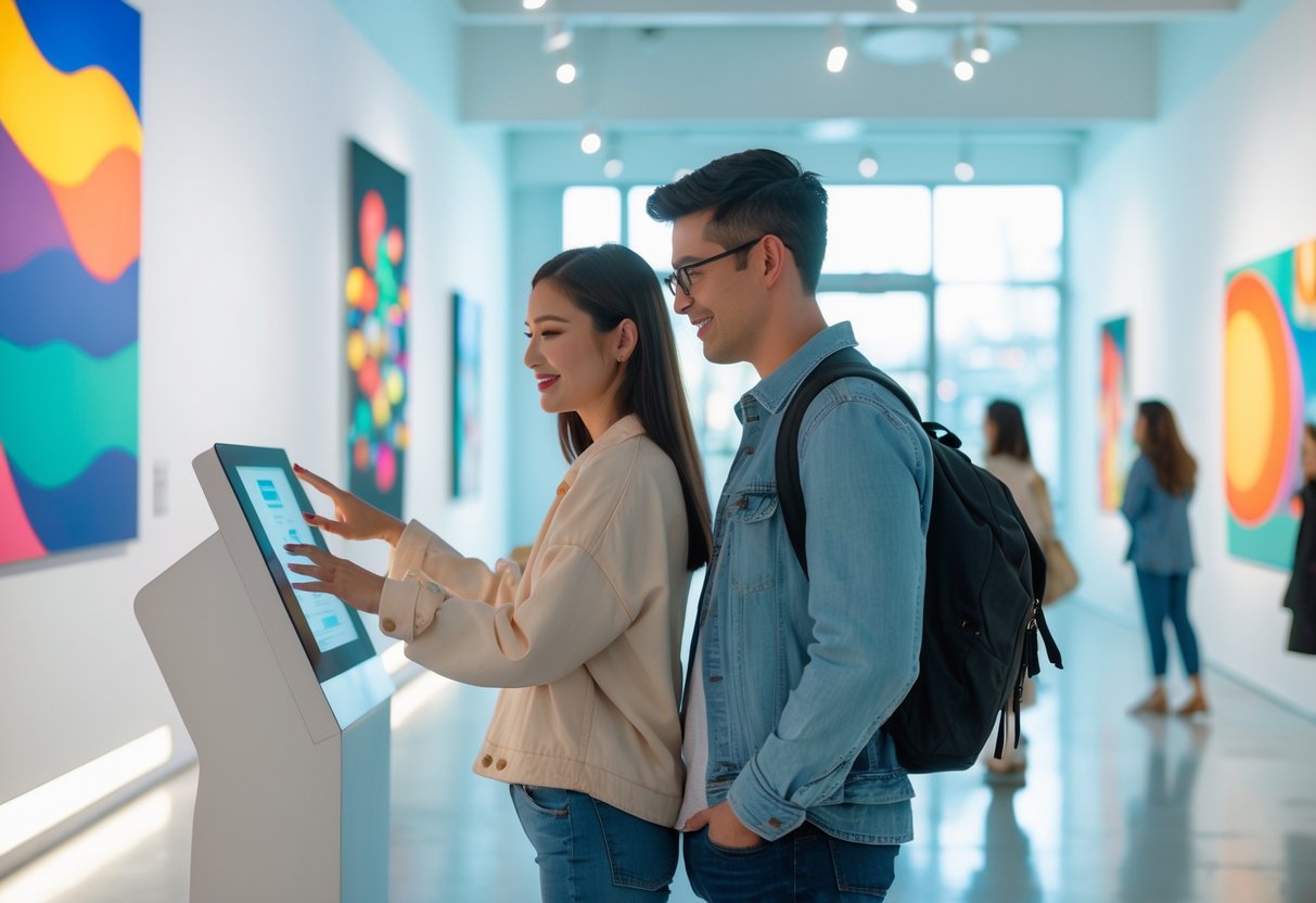 A young couple interacting with exhibits in a bright, modern art gallery.