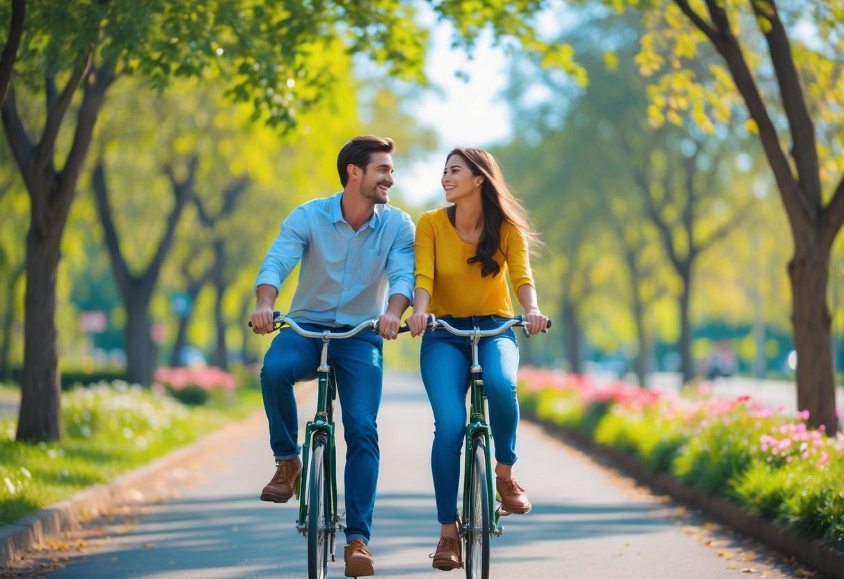 A young couple riding a tandem bicycle together on a sunny park path surrounded by trees and flowers.