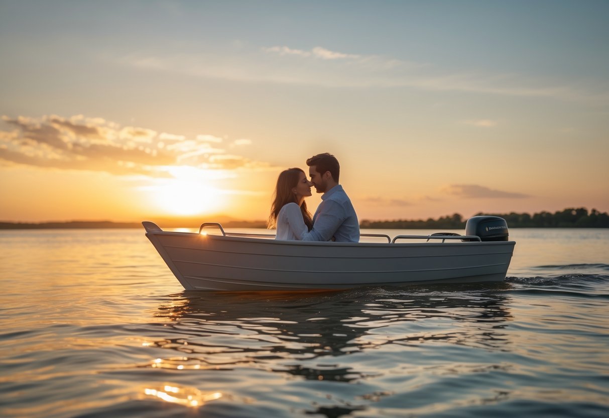 A couple enjoying a private boat ride together at sunset on calm water.