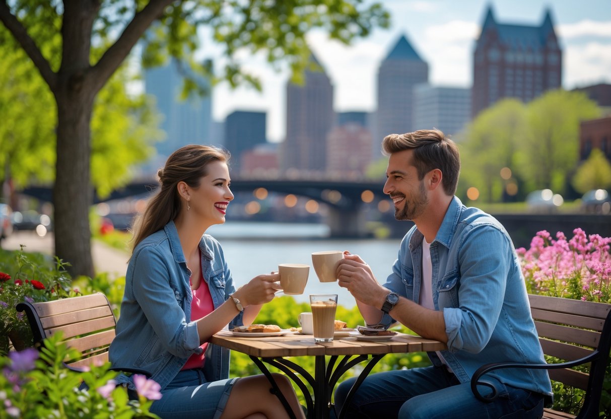 A young couple enjoying a sunny outdoor date in Louisville with cityscape and greenery in the background.