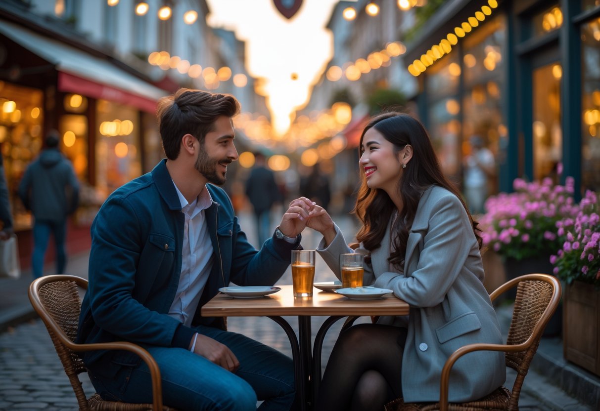 A young couple sitting at an outdoor café table, smiling and talking during a first date in a charming street setting.