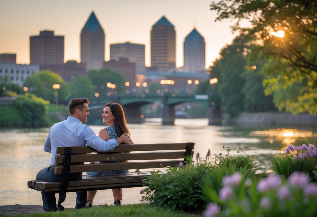 A couple sitting on a bench by a riverside park in Huntington, West Virginia, smiling and talking with the city skyline in the background.