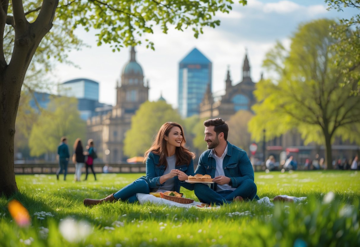 A young couple sharing a picnic and smiling together in a green park with trees and city buildings in the background.