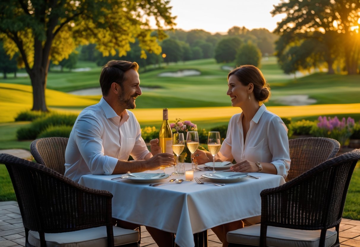 A couple enjoying a romantic dinner with drinks at an outdoor table surrounded by greenery at a country club.