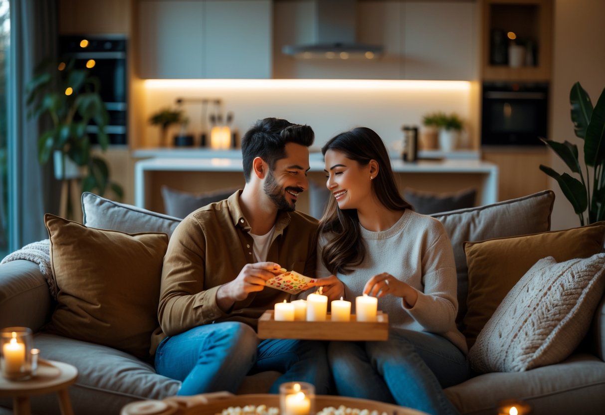 A couple spending quality time together indoors, sitting on a sofa and enjoying a cozy activity in a warmly lit living room.