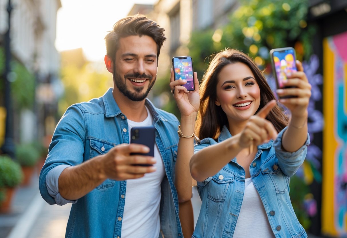 A smiling couple outdoors taking photos with smartphones during a scavenger hunt.