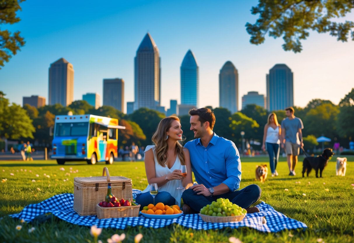 A couple having a picnic in a park with the Atlanta skyline in the background on a sunny day.