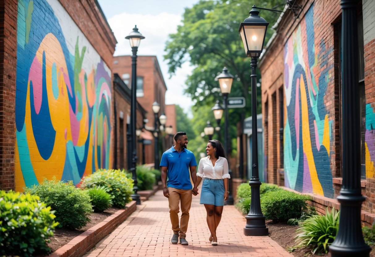 A couple walking hand in hand along a street lined with colorful murals and red-brick buildings.