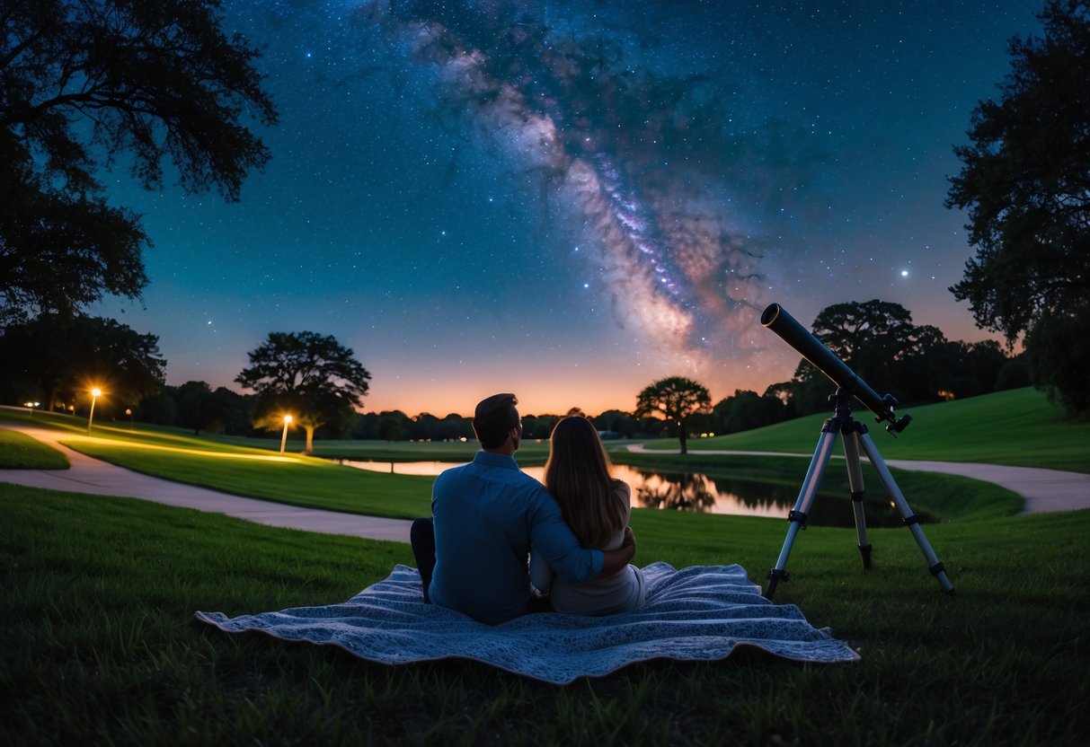 A couple sitting on a blanket in a park at night, looking up at a star-filled sky with a telescope nearby.