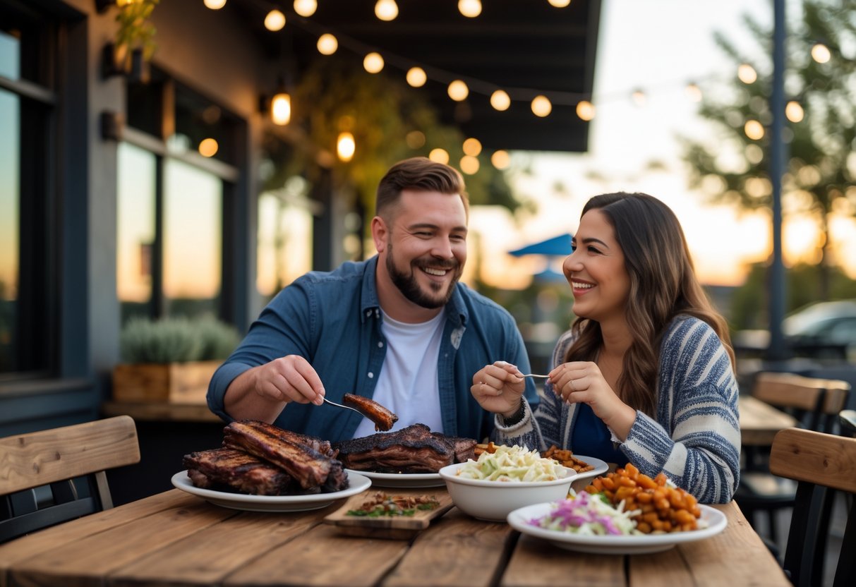 A couple enjoying barbecue dishes together at an outdoor table at Blue Duck Barbecue in Peoria.