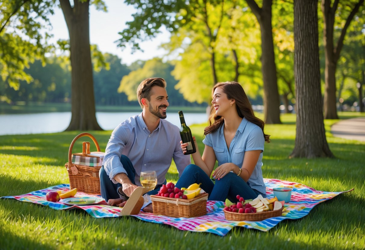A young couple having a picnic on a blanket in a green park with trees and a lake in the background.