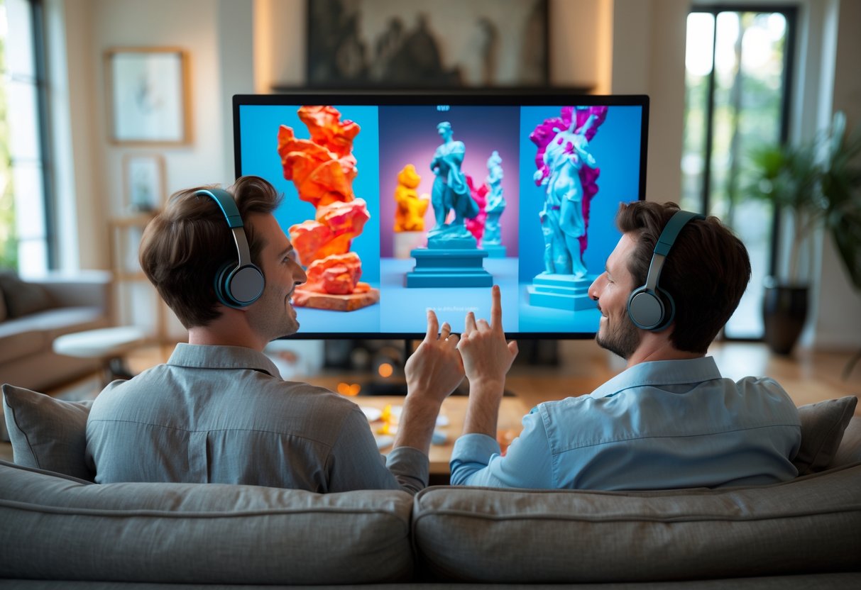 Two people in separate rooms enjoying a virtual museum tour together through a video call on a screen.