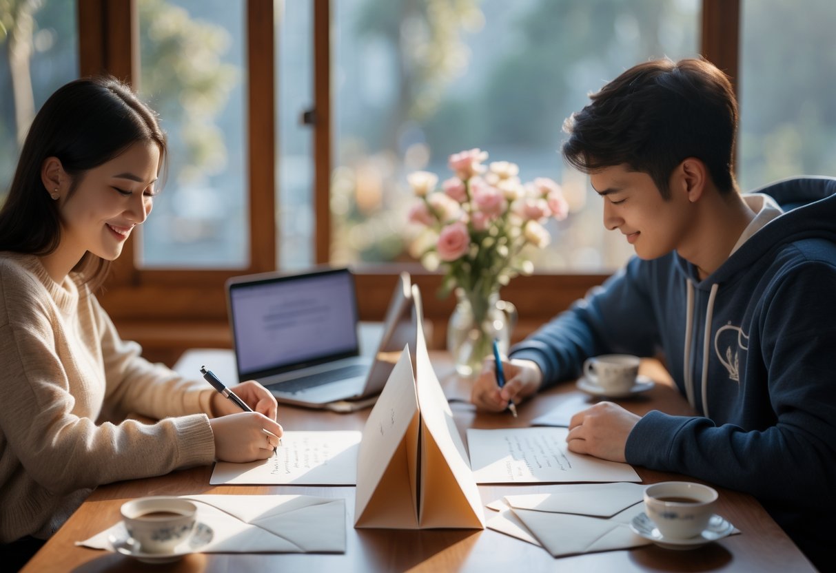 A couple sitting separately, each writing handwritten letters, with opened letters between them symbolizing sharing and connection.