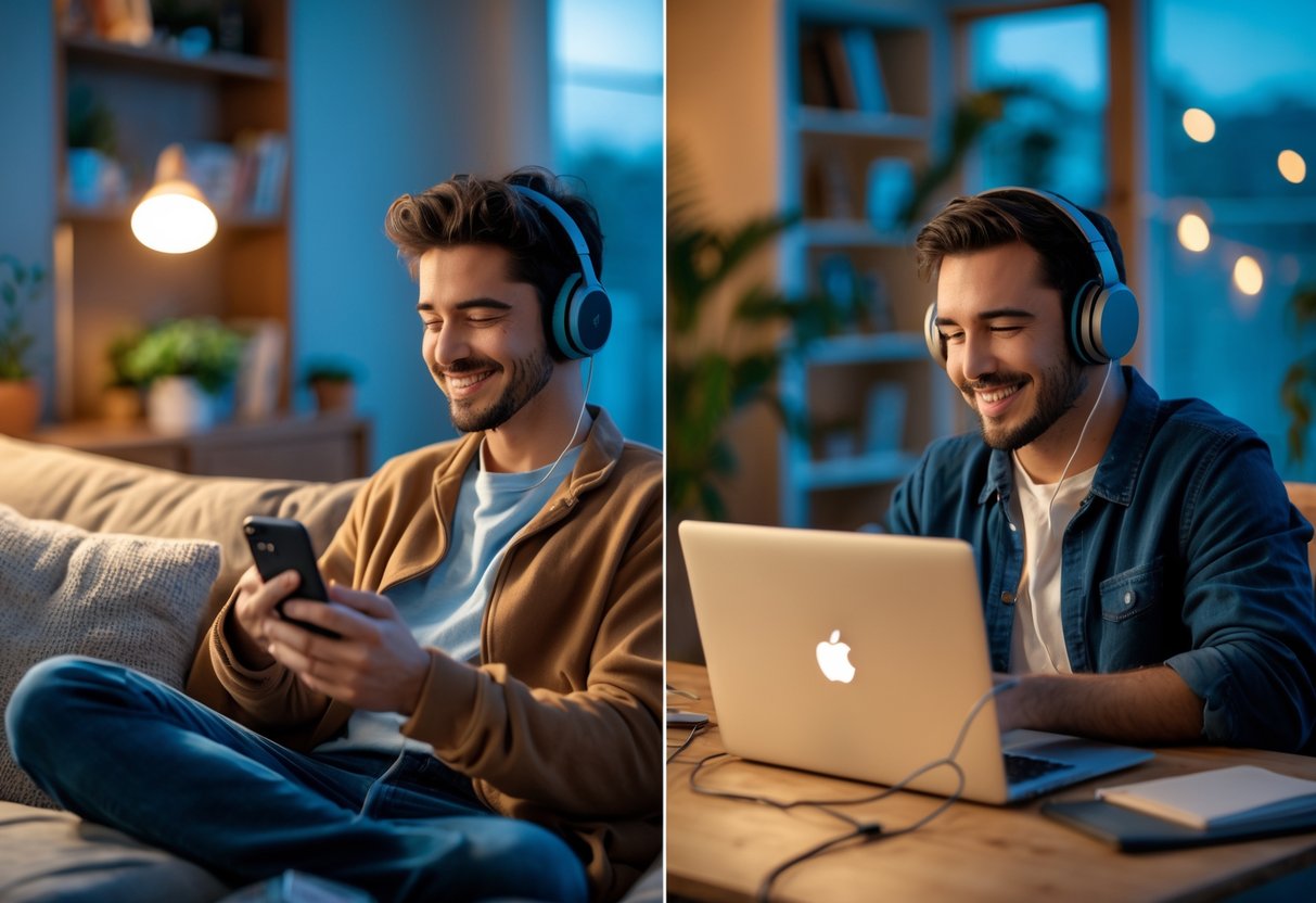 Two people in separate rooms, each wearing headphones and using devices to share and listen to personalized playlists, connected through technology.