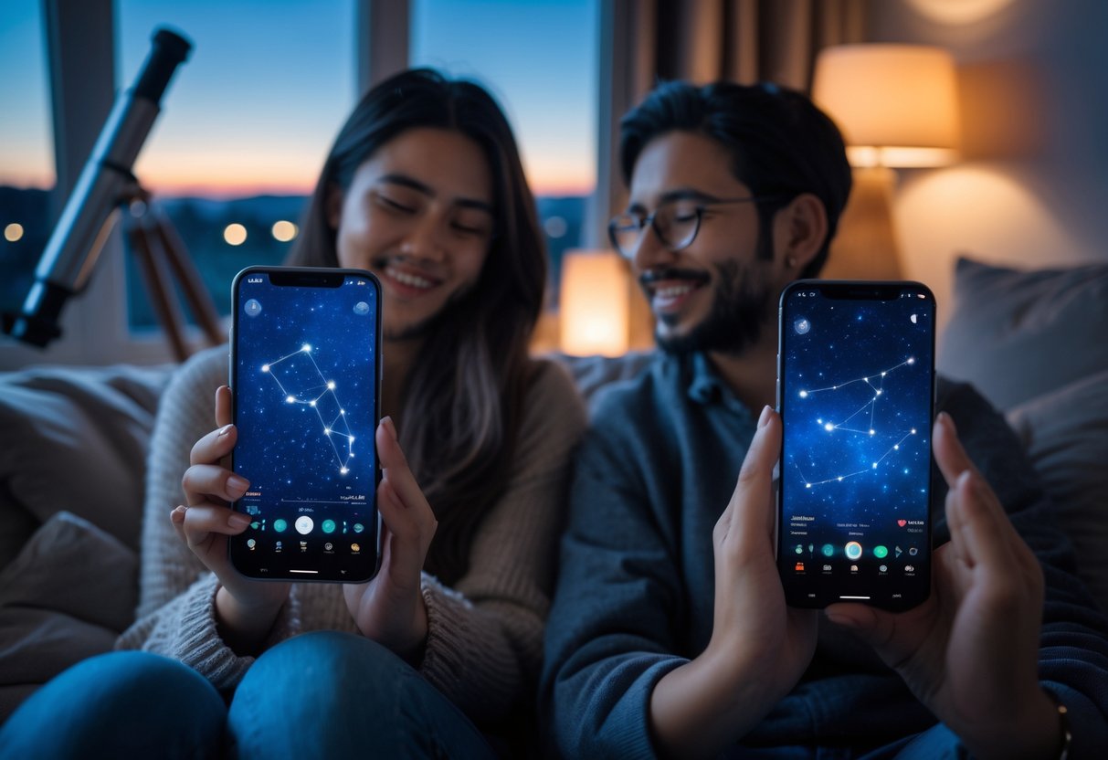 Two people in separate cozy rooms using smartphones to share star gazing through a live sky app at night.