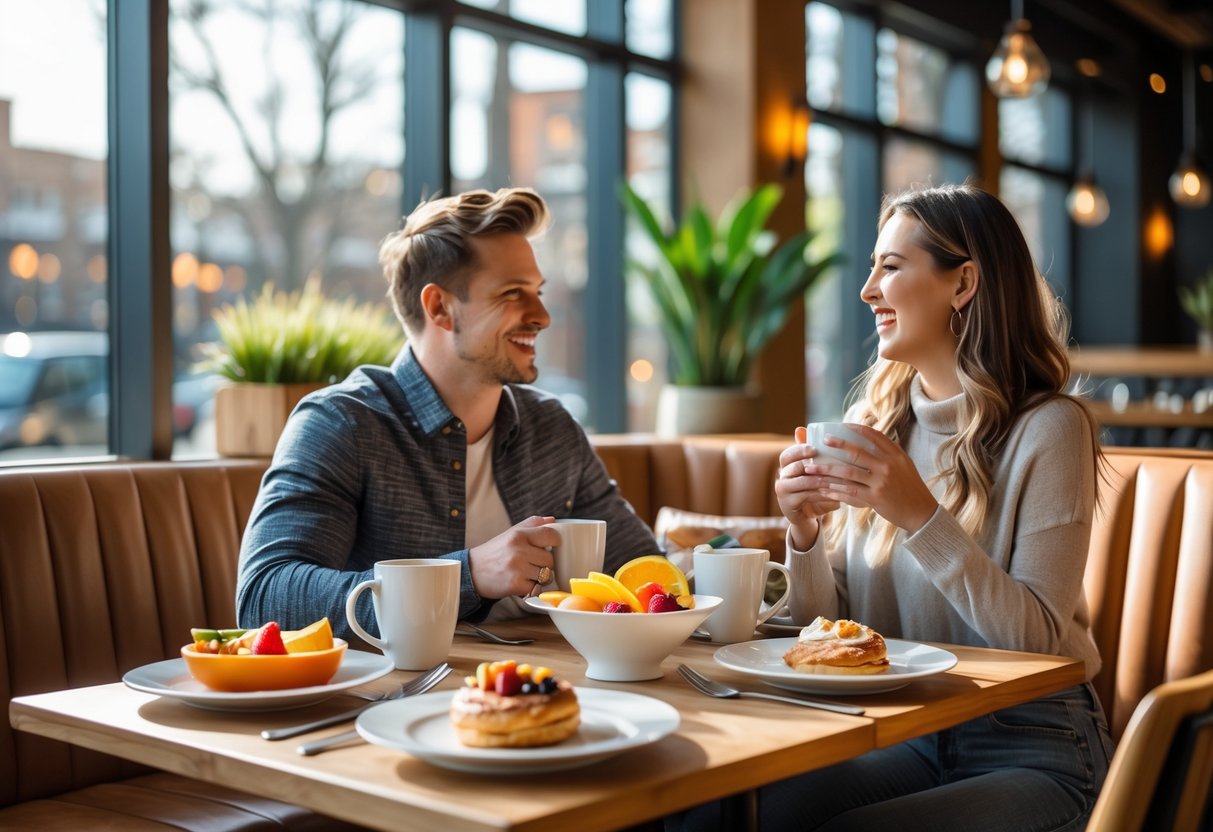 A couple enjoying brunch together at a restaurant table with plates of food and coffee.
